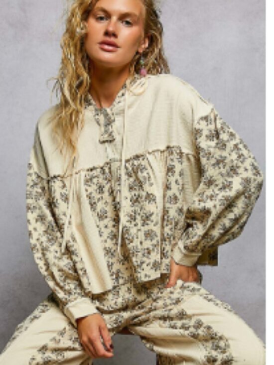 POL Tops - POL Boho Floral Peasant Top – Cream Patchwork Cottagecore